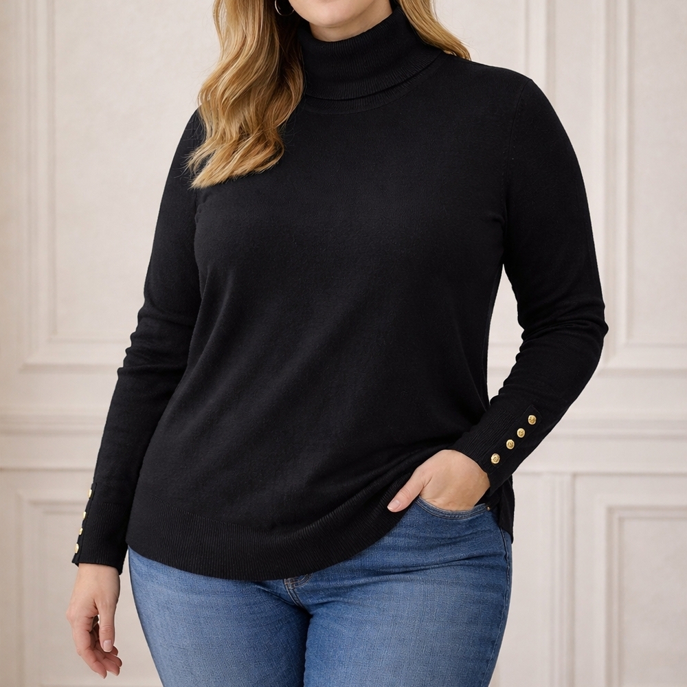 Tommy Hilfiger Black Turtleneck Sweater Gold Button Sleeve Knit Top XXL NWT